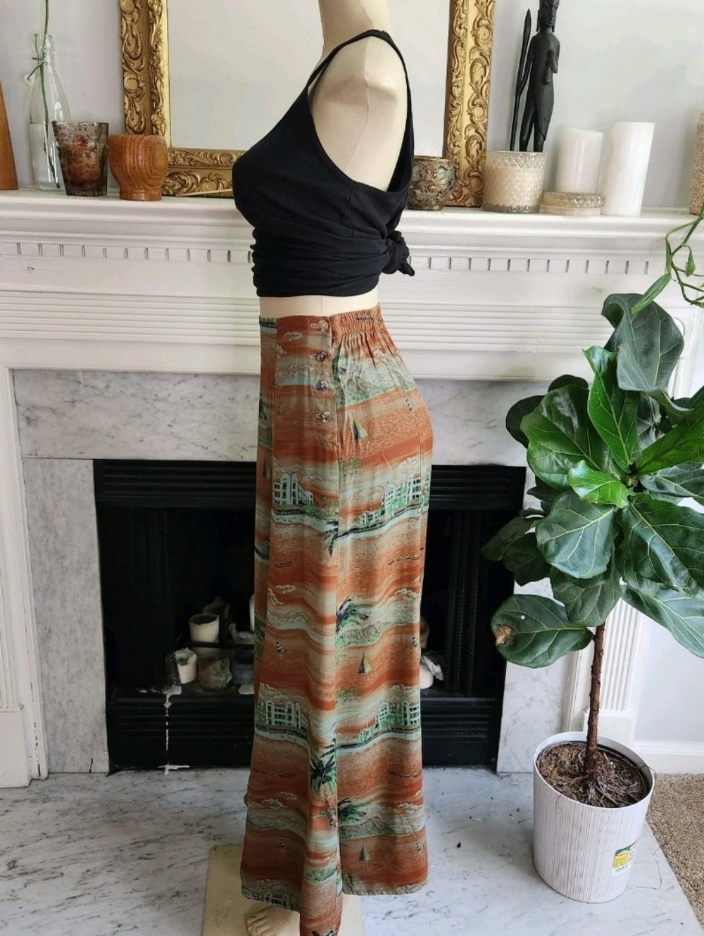 Vintage 90s Y2K Citron Brown Maxi Skirt Green Hawaiian Print Beach Size Small - Picture 4 of 10